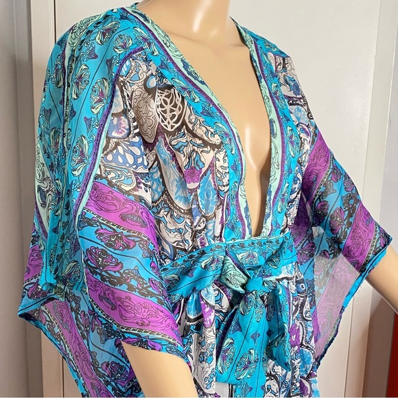 Vibrant Blue Turquoise and Purple Sheer Women's Swim Cover-Up Fits M/L - Picture 3 of 16